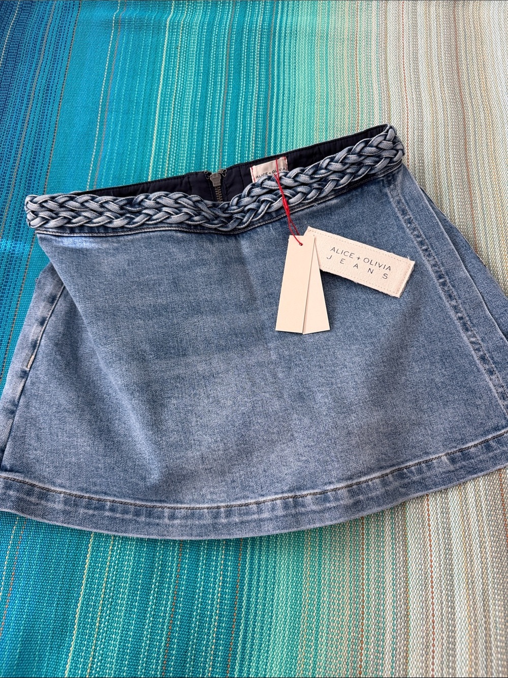 Alice + Olivia Blue Denim A-Line Mini Skort with Braided Waist